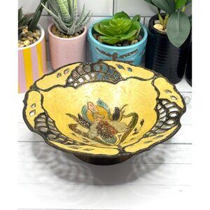 Vintage Brass Enameled Pedestal Bowl Orchid Flower Reticulated Edges